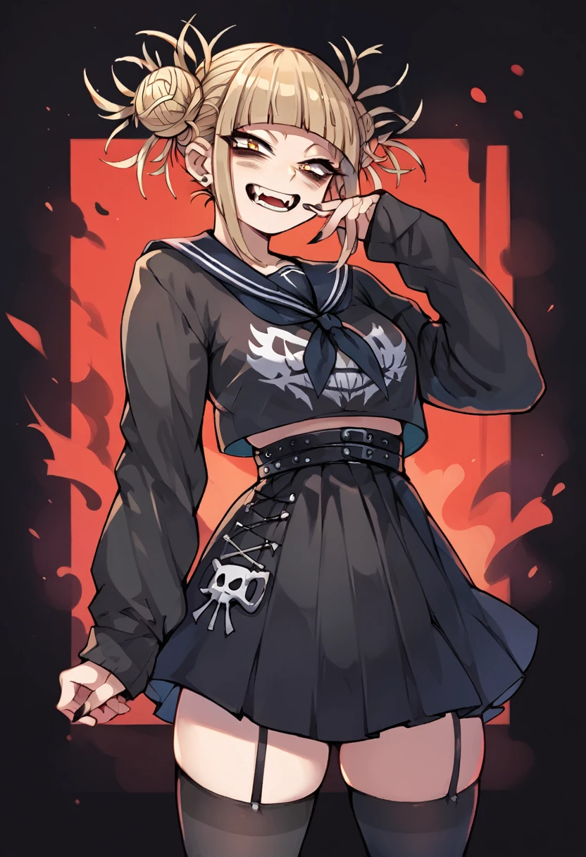 Himiko toga as she approaches and takes a photo and dresses in a sexy black gothic outfit., with black and revealing stockings and skirt (whole body) 