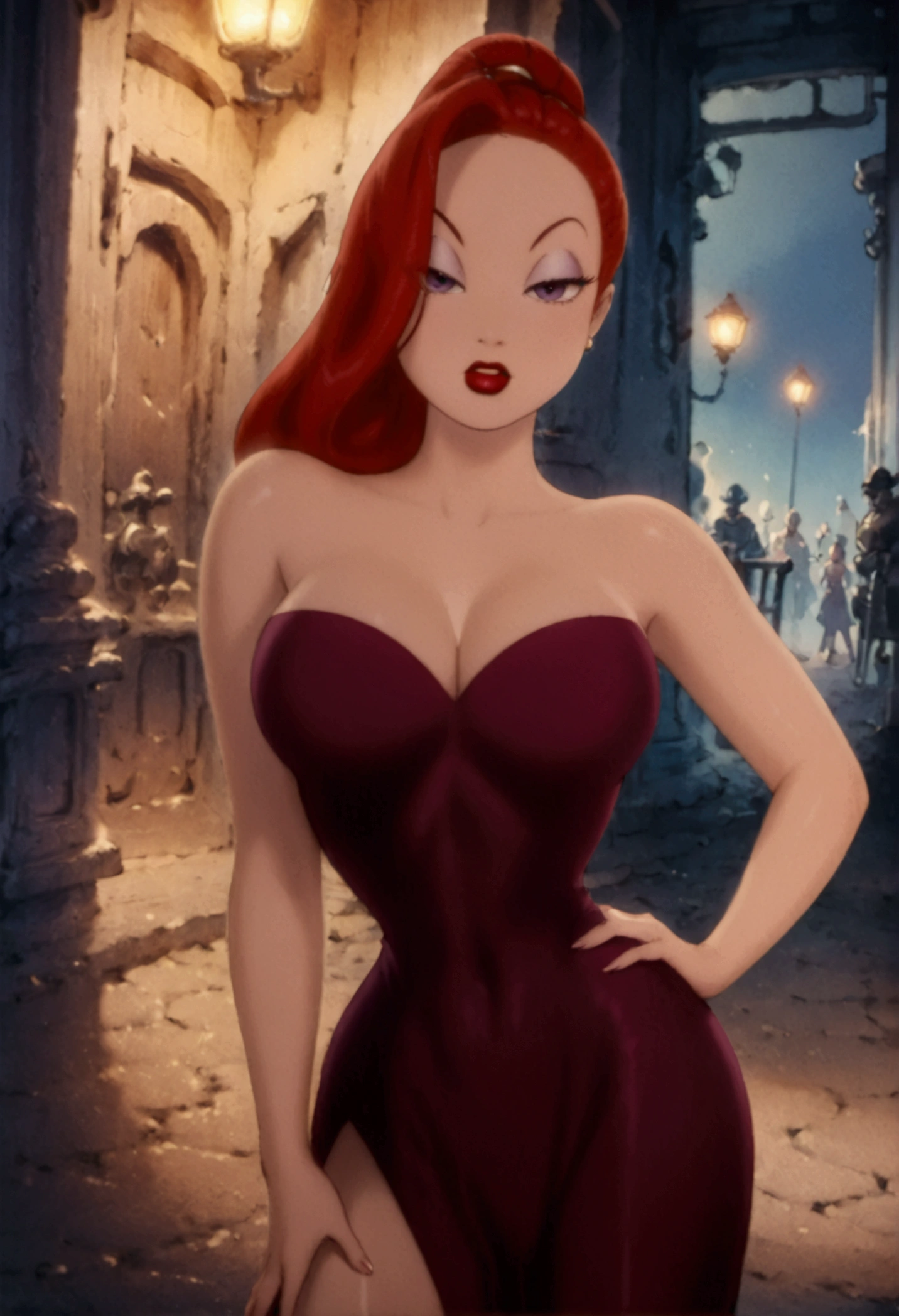A gorgeous, voluptuous cartoon woman with striking red hair styled in a 1940s-inspired updo. She has a classically beautiful face with large, expressive eyes, long eyelashes, and full red lips. Her figure is curvaceous, accentuated by a tight-fitting, low-cut purple dress with a thigh-high slit. She strikes a confident, alluring pose, one hand on her hip as she looks directly at the viewer with a sultry gaze. The background is a dimly lit, film noir-inspired setting, creating an atmosphere of mystery and intrigue. Detailed face, dynamic pose, cinematic lighting.