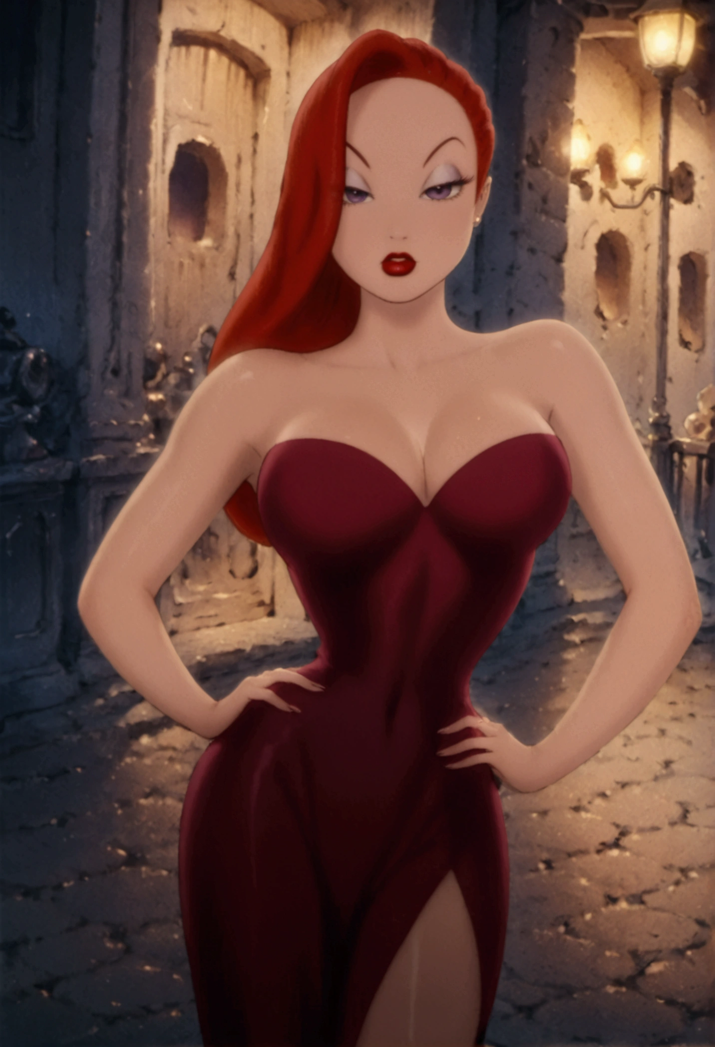 A gorgeous, voluptuous cartoon woman with striking red hair styled in a 1940s-inspired updo. She has a classically beautiful face with large, expressive eyes, long eyelashes, and full red lips. Her figure is curvaceous, accentuated by a tight-fitting, low-cut purple dress with a thigh-high slit. She strikes a confident, alluring pose, one hand on her hip as she looks directly at the viewer with a sultry gaze. The background is a dimly lit, film noir-inspired setting, creating an atmosphere of mystery and intrigue. Detailed face, dynamic pose, cinematic lighting.