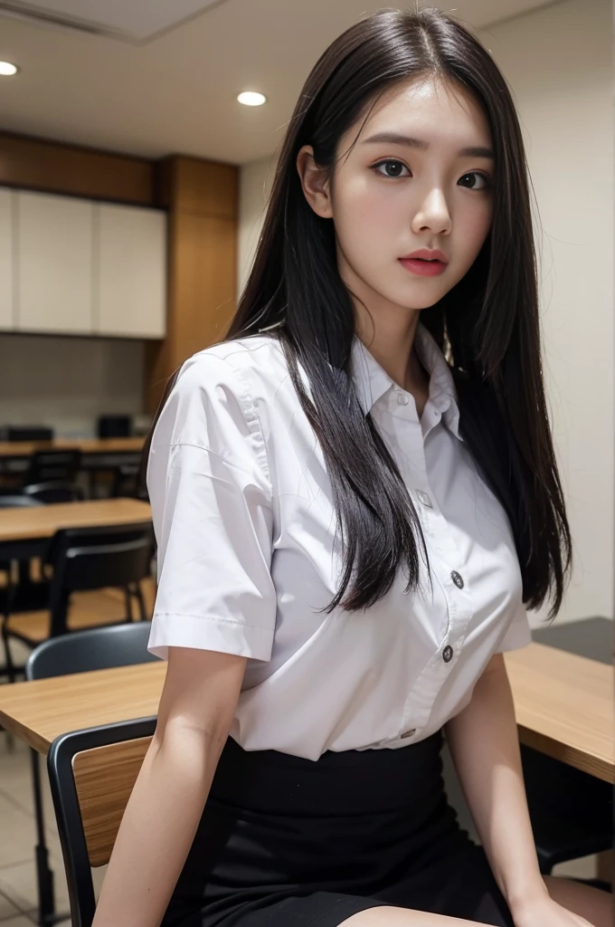 From the side, thai university uniform:1.3,Close ~ eyes:1.2,Open your mouth:1.2,Tired face:1.2,Face of Suffering:1.2,sky face:1.2,sleeping face:1.2, masterpiece、beautiful girl、fine 目、puffy eyes、highest quality, High resolution, (reality: 1.4), Cinema Lighting,so beautiful、Beautiful Skin、(super reality)、(High resolution)、(8k)、(Very detailed)、(beautiful and fine 目)、(Very detailed)、 Detailed face、black straight long hair、20-year-old、white short-sleeve button up shirt:1.2, black tight mini skirt:1.2, metal shirt buttons:1.2, in the dark classroom:1.2, face the ceiling:1.2, dark tone:1.2, medium close up:1.2, hide both hands between legs:1.2