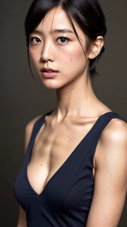 (Highest quality, 8k, 32K, masterpiece, Ultra-high resolution:1.2),Beautiful Japanese Women Photos, Small , Very short bob hair,Upper Body,Face Focus,topless, Simple Background, From above, View your viewers,