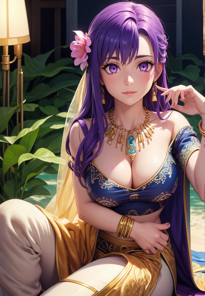 parvati, parvati, long hair, (purple eyes:1.1), purple hair,
BREAK bracelet, flower, hair flower, hair ornament, indian clothes, jewelry, necklace, side slit,
BREAK looking at viewer,
BREAK outdoors,
BREAK (masterpiece:1.2), best quality, high resolution, unity 8k wallpaper, (illustration:0.8), (beautiful detailed eyes:1.6), extremely detailed face, perfect lighting, extremely detailed CG, (perfect hands, perfect anatomy),