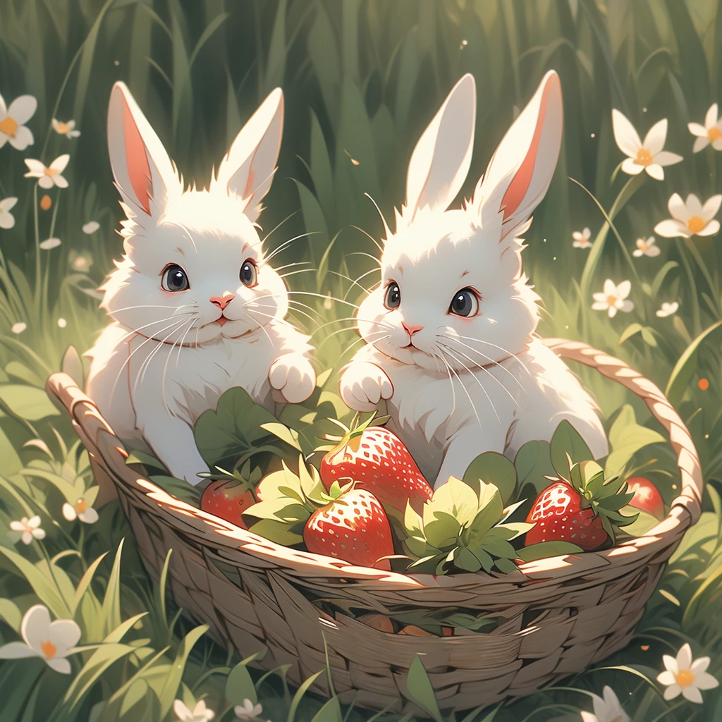 two rabbits eating strawberries in a basket in the grass, by Beatrix Potter, by Cicely Mary Barker, by Elsa Beskow, style of beatrix potter, inspired by Beatrix Potter, by Jan Kip, by Elsie Dalton Hewland, by Jan Brett, by Julius Exner, by Ralph Horsley, bunnies, richard scarry, by Walter Emerson Baum