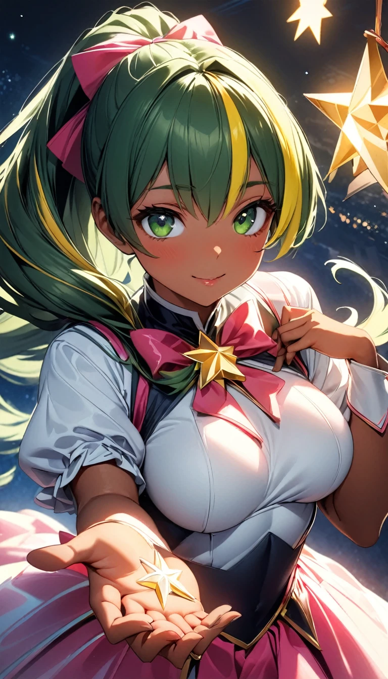 (highest quality:1.2, Very detailed, up to date, Vibrant, Ultra-high resolution, High Contrast, masterpiece:1.2, highest quality, Best aesthetics), Portraiture、solo, girl、(slim:1), (25-years-old), Bright colors、Beautiful fine details、Beautiful lip detail、long hair、ponytail, white and yellow green ((streaked hair:1.6)), highlights hair: 1.5, (medium breast:1) , (tan skin:0.9), magical girl, swing a magical stick, shining star on the top of stick, in magic kingdom, daytime, cute pose, ((cowboy shot:1))