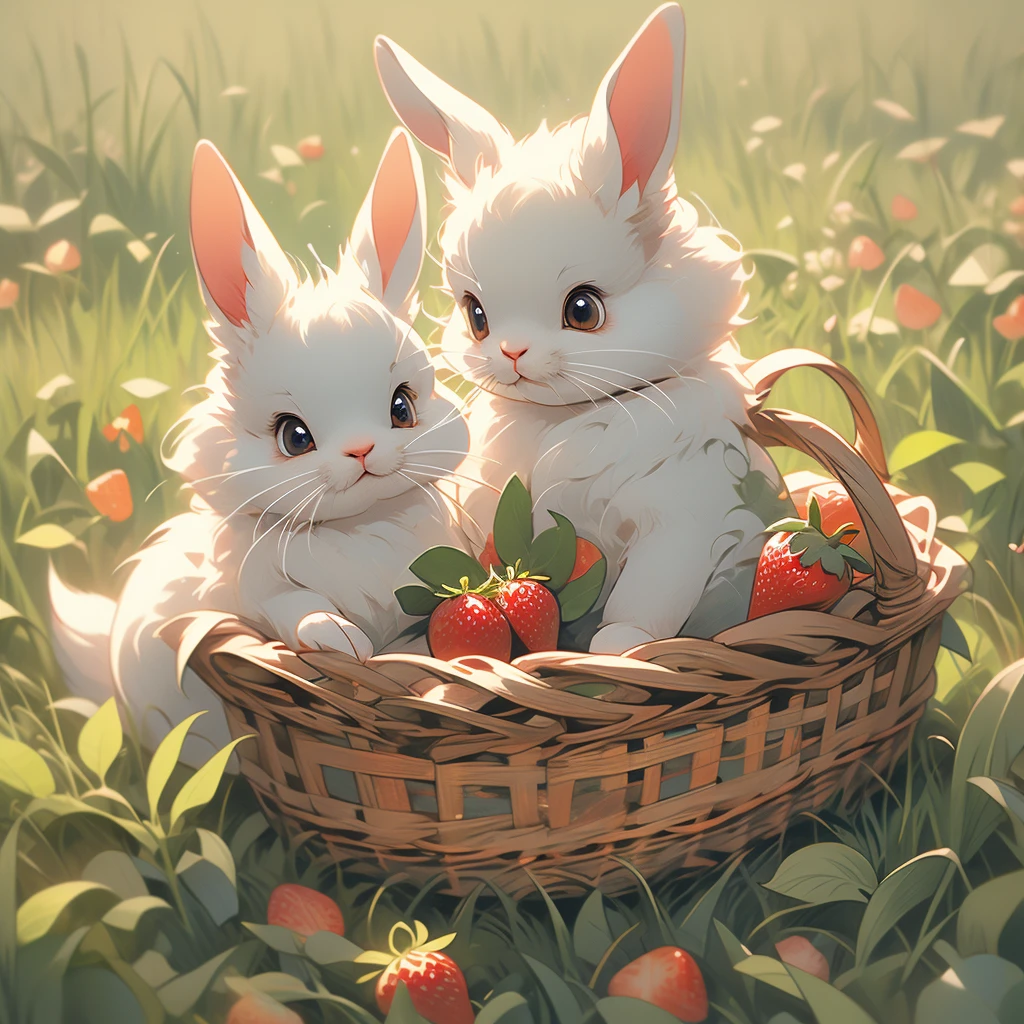 two rabbits eating strawberries in a basket in the grass, by Beatrix Potter, by Cicely Mary Barker, by Elsa Beskow, style of beatrix potter, inspired by Beatrix Potter, by Jan Kip, by Elsie Dalton Hewland, by Jan Brett, by Julius Exner, by Ralph Horsley, bunnies, richard scarry, by Walter Emerson Baum