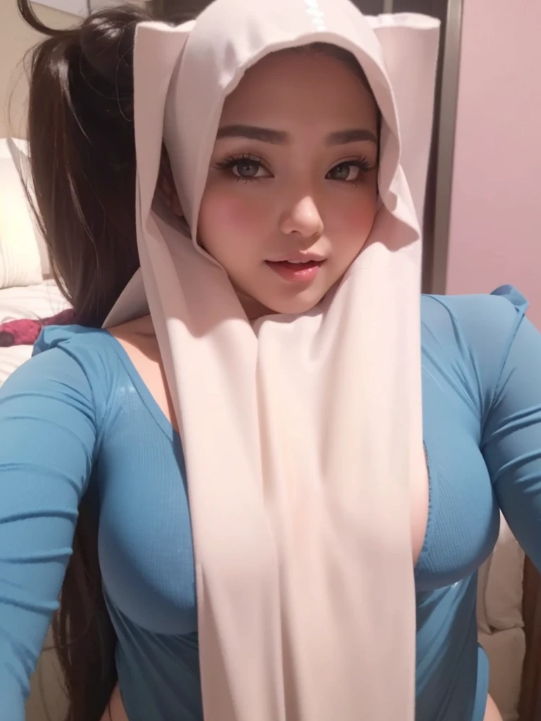 Erotic star, adult Video actress. Shot from above. A voluptuous, curvy woman. Hana haruna. body measurement of 100-70-90! beautiful chubby face, round face, long hair, bangs. Her wide heart-shaped lips curl up, light smile. Beautiful seductive eyes. She wears a transparent latex negligee with cleavage. Posing in bed. Seductive. Photorealistic, Masterpiece, indirect lighting, soft lighting. Dark wooden room. Taniaayusiregar.