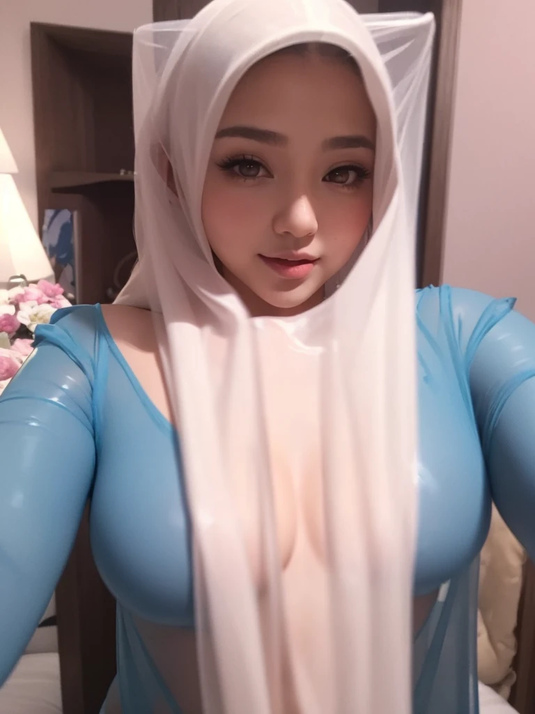 Erotic star, adult Video actress. Shot from above. A voluptuous, curvy woman. Hana haruna. body measurement of 100-70-90! beautiful chubby face, round face, long hair, bangs. Her wide heart-shaped lips curl up, light smile. Beautiful seductive eyes. She wears a transparent latex negligee with cleavage. Posing in bed. Seductive. Photorealistic, Masterpiece, indirect lighting, soft lighting. Dark wooden room. Taniaayusiregar.