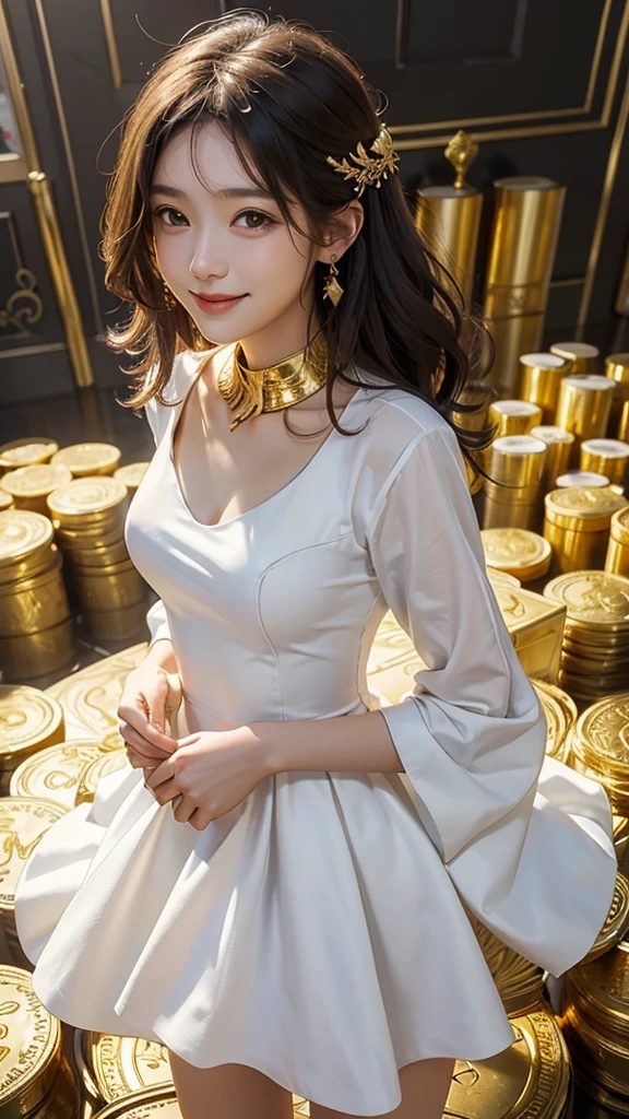 A woman stands alone wearing a white dress, smiling. Around her are piles of gold. and hold gold in both hands