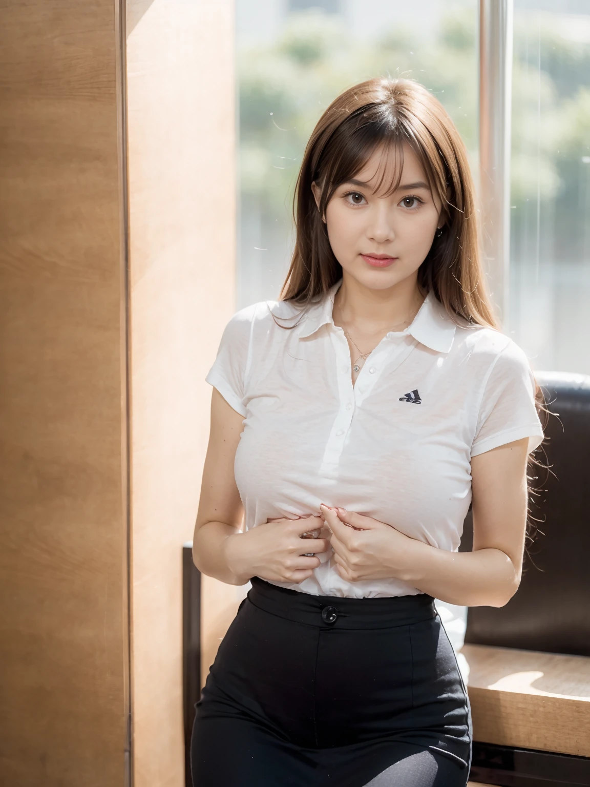 1girl, A beautiful ************ girl with perfect shaped medium breast, long soft wavy blunt bangs black hair,  wearing office uniform, sitting pose on a chair, in her office room , (wide angle view)