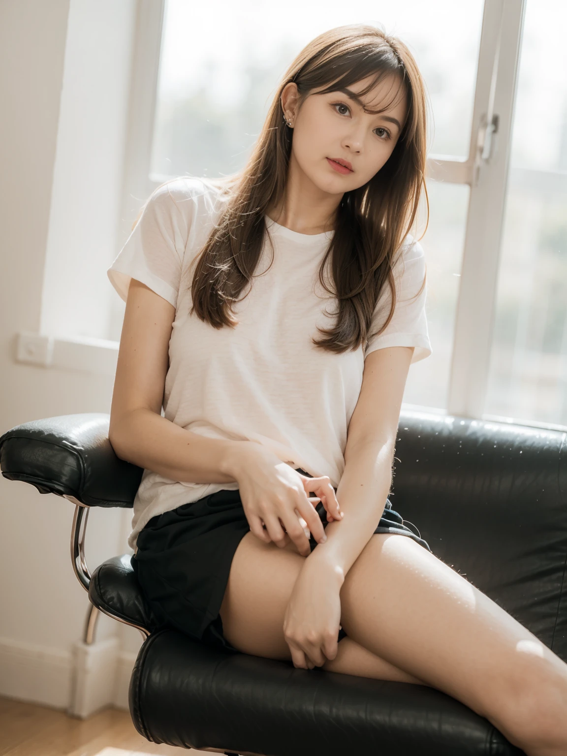 1girl, A beautiful ************ girl with perfect shaped medium breast, long soft wavy blunt bangs black hair,  wearing office uniform, sitting pose on a chair, in her office room , (wide angle view)