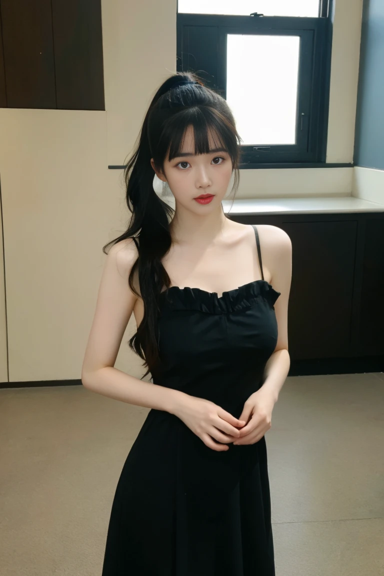 ulzzang-6500-v1.1,(raw photo:1.2),((photorealistic:1.30)), ((best quality)) ,((masterpiece)),((Ultra High Resolution)), ((Clear View)),,Ultra-high resolution,Clear face,（Reality：1.4) ,  illustration, an extremely delicate and beautiful, extremely detailed ,CG ,unity ,8k wallpaper, Amazing, finely detail, masterpiece,best quality,official art,extremely detailed CG unity 8k wallpaper,absurdres, incredibly absurdres, huge filesize, ultra-detailed, highres, extremely detailed,beautiful detailed girl, extremely detailed eyes and face, beautiful detailed eyes,light on face,cinematic lighting, (upper body:1.7), diamond bra, 1girl, bangs, black hair, blunt bangs, blurred, blurred background, blurred foreground, depth of field, face, lips, long hair, (huge breasts:1.5), blurred motion, nipples, naked, (ponytail:1.3), 独奏, (standing: 1.5), narrow waist, wide hips, Thighs, (city blackground:1.3), (night), (Building), dress, Floral pattern dress, (looking at viwer:1.3)