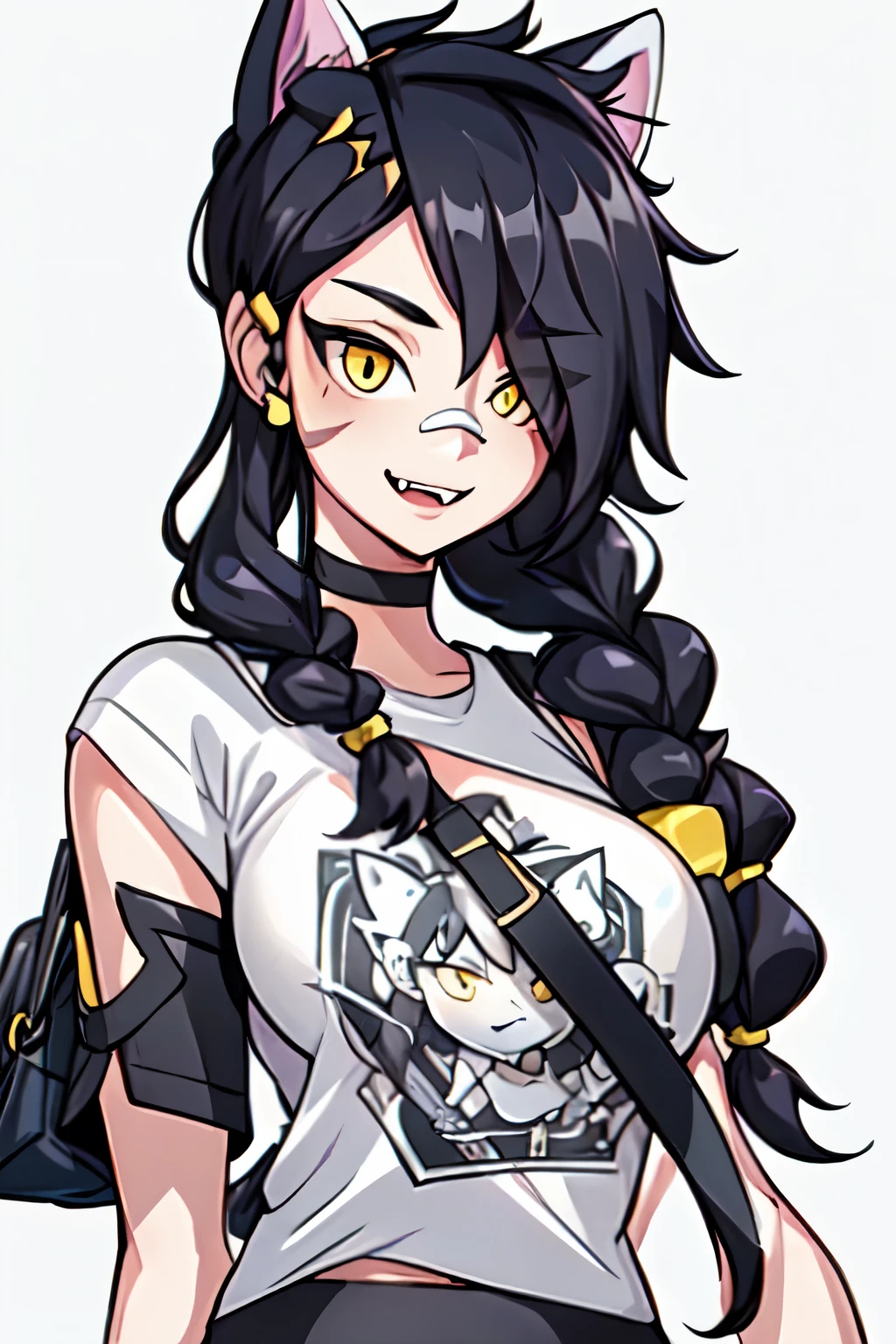 1girl, solo, long hair, looking at viewer, black hair, bandaid on face, yellow eyes, animal ears, smile, bandaid on nose, braid, cat ears, bandaid, bangs, breasts, fake animal ears, simple background, open mouth, fang, , bare shoulders, scar, teeth, shirt, bare shoulders, white shirt, short sleeves, closed mouth, t-shirt, hair over one eye, portrait, bag, hair over shoulder, shorts,