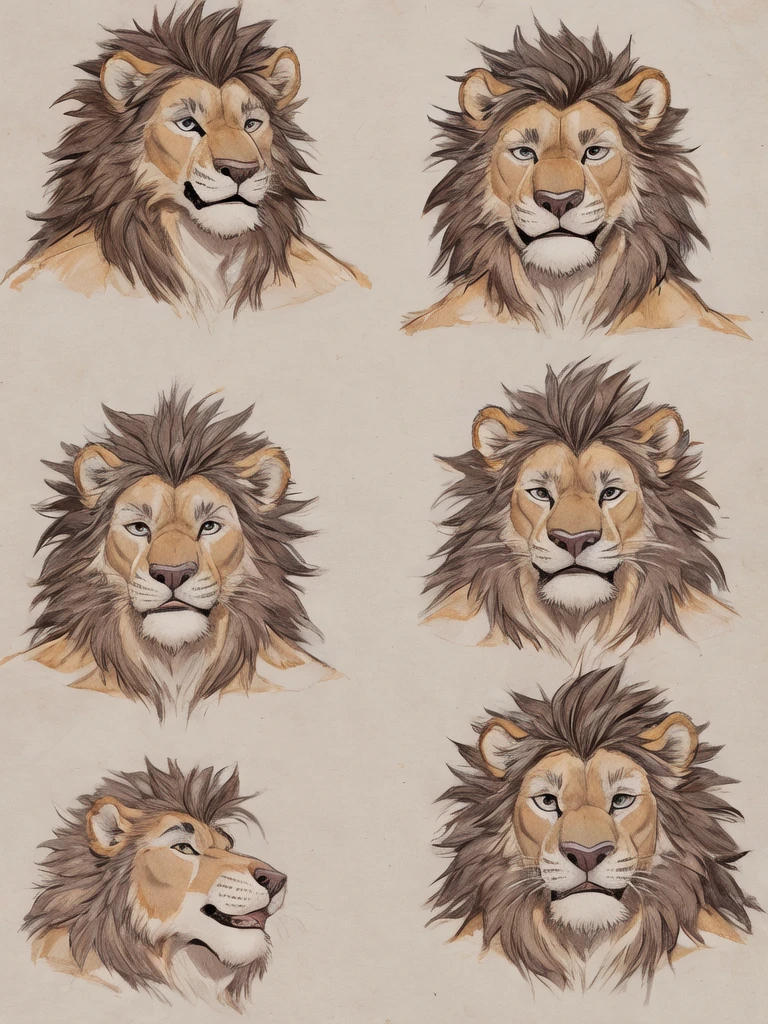 (high quality, highres, anime style), male, lion, jock, masculine jawline, hunk, seductive, closeup, short curtain hairstyle, curtain haircut, drawing, multiple headshots, sketches, six headshots, combed back top hair, looking directly at viewer, front view, head slightly tilted up, at least 3 sketches, parted hairstyle, brushed back hair, looking up, chin raised, feathered hair