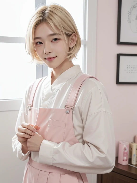 1 androgynous, ((a effeminate boy)), 20 years old, ((adult 20 years)) a pretty boy, korean boy, asian, a boy with round face, big eyes, angelic face, pretty lips, smiling, pretty smile, ((light blonde hair)), light blonde hair, boy cut hair, in a light pink kawaii room background, soft aesthetic, white and soft pink blouse, japan soft aesthetic, kawaii, with a table in front of it and drawing materials on the table, a cute red pink Backpack, school chalk, plush, kawaii soft boy, ((front view))