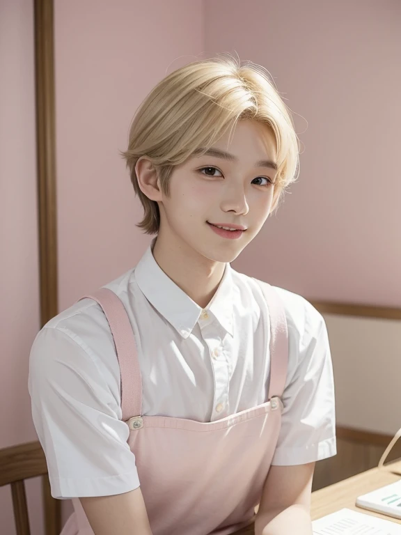 1 androgynous, ((a effeminate boy)), 20 years old, ((adult 20 years)) a pretty boy, korean boy, asian, a boy with round face, big eyes, angelic face, pretty lips, smiling, pretty smile, ((light blonde hair)), light blonde hair, boy cut hair, in a light pink kawaii room background, soft aesthetic, white and soft pink blouse, japan soft aesthetic, kawaii, with a table in front of it and drawing materials on the table, a cute red pink Backpack, school chalk, plush, kawaii soft boy, ((front view))