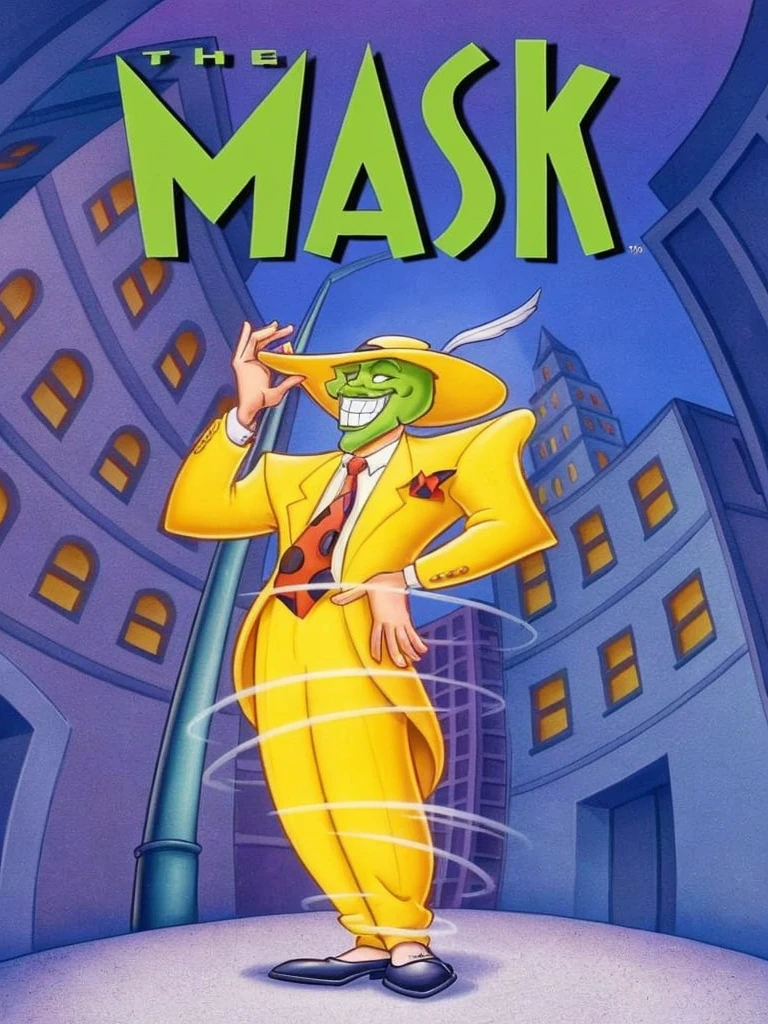 a closeup of a cartoon character wearing a black suit, from the hit 90s cartoon TV show "The Mascara". In a wedding suit pointing his thumb to the left