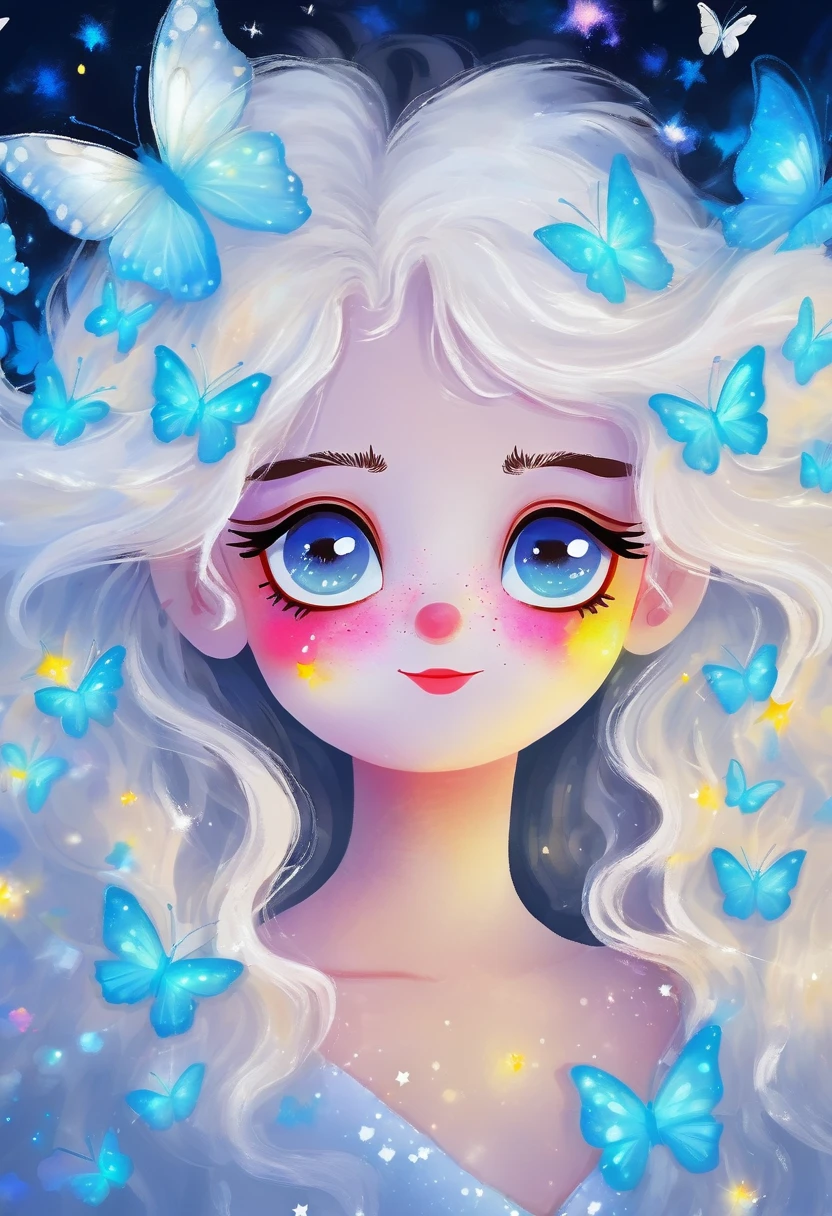 Oil painting brush strokes,Oil painting texture:Cartoon Girl Portrait,Starry Eyes,White fluffy hair,Butterflies in the sky,Luminescence,blue,Phosphor,Dark solid background
