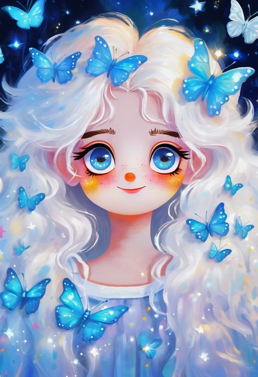 Oil painting brush strokes,Oil painting texture:Cartoon Girl Portrait,Starry Eyes,White fluffy hair,Butterflies in the sky,Luminescence,blue,Phosphor,Dark solid background