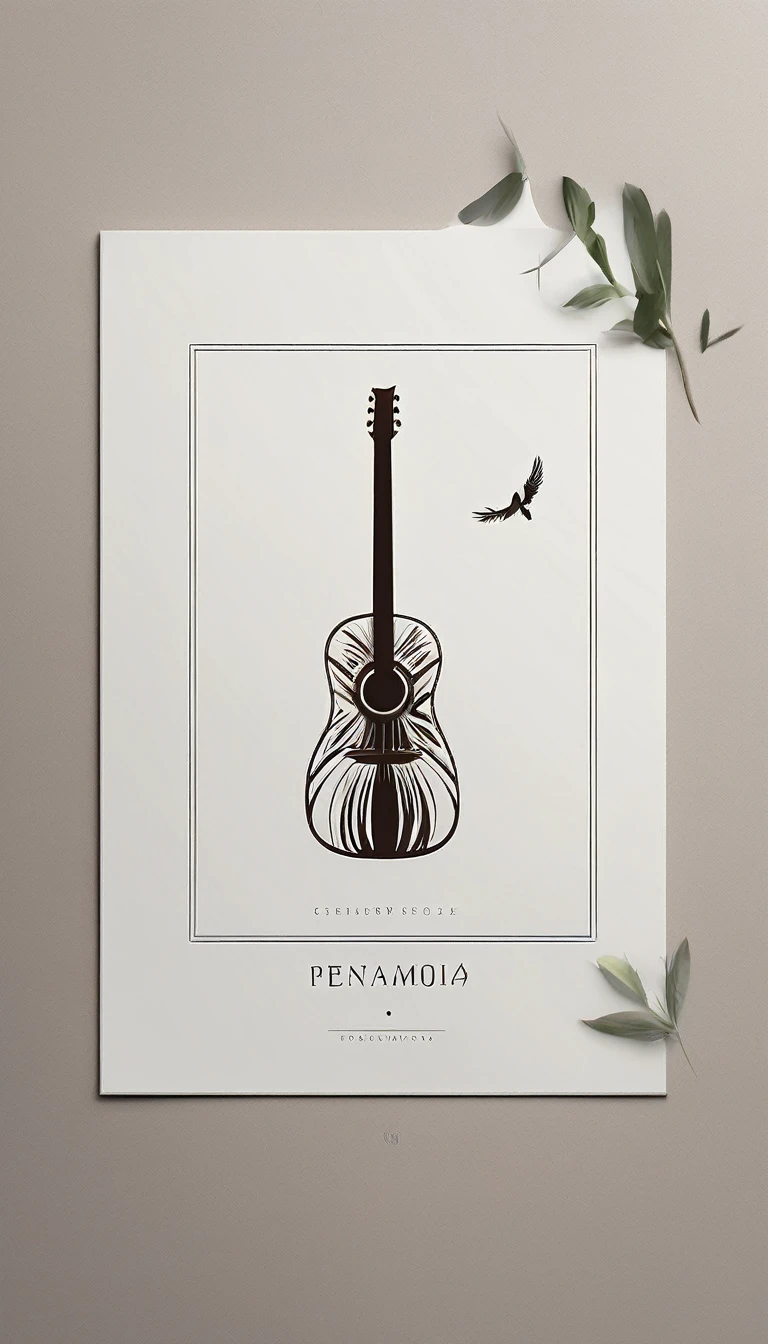 A minimal, modern, simple, cinematic logotype for the brand “Penamemoria". The logotype must be a simple, magical feather and a boy with an acoustic guitar. The logo must convey a sense of music, stories, dreams and a creative companionship between the feather and the boy. Logo design impressed on a book cover. Minimalistic logo