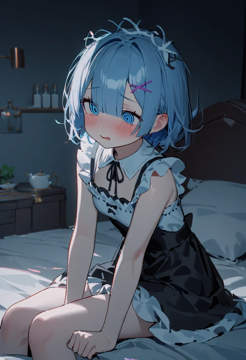 1girl, rem (re:zero), re:zero kara hajimeru isekai seikatsu, maid, maid dress, katyusha, dizzy spiral eyes, sitting on bed, slouched posture, messy hair, indoor lighting, bedroom setting, evening, tired expression, masterpiece, best quality, absurdres