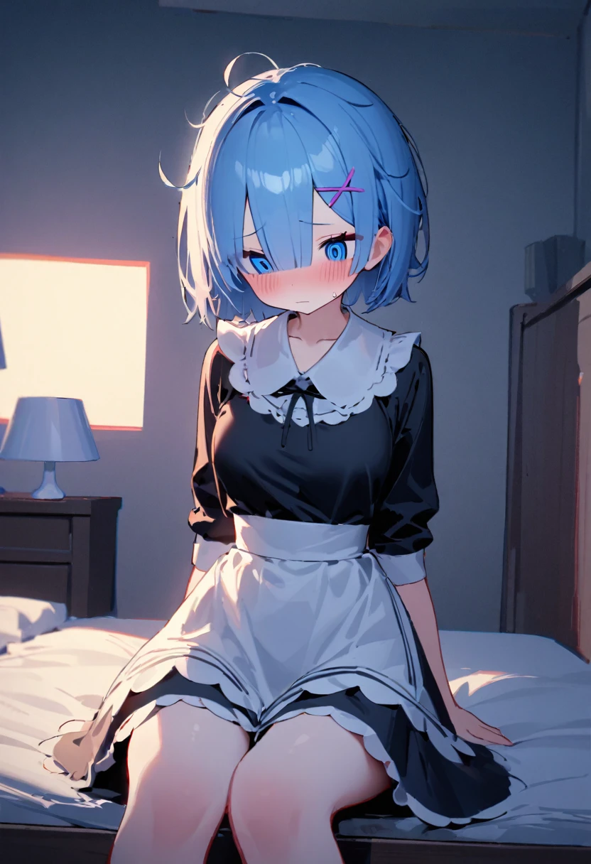 1girl, rem (re:zero), re:zero kara hajimeru isekai seikatsu, maid, maid dress, katyusha, dizzy spiral eyes, sitting on bed, slouched posture, messy hair, indoor lighting, bedroom setting, evening, tired expression, masterpiece, best quality, absurdres
