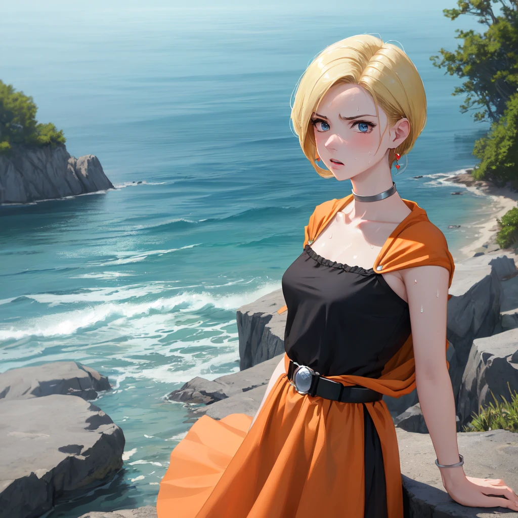 (masterpiece,Best,quality:1.3), masterpiece, Highest quality, DQ Bianca, 1 person, Single Blade, Earrings, choker, Orange Cape, Green Dress, belt, Small breasts, 1 personで, Upper Body, hot, Sweating a lot, Wipe away sweat, looking at the camera, Ocean, In the water, angry