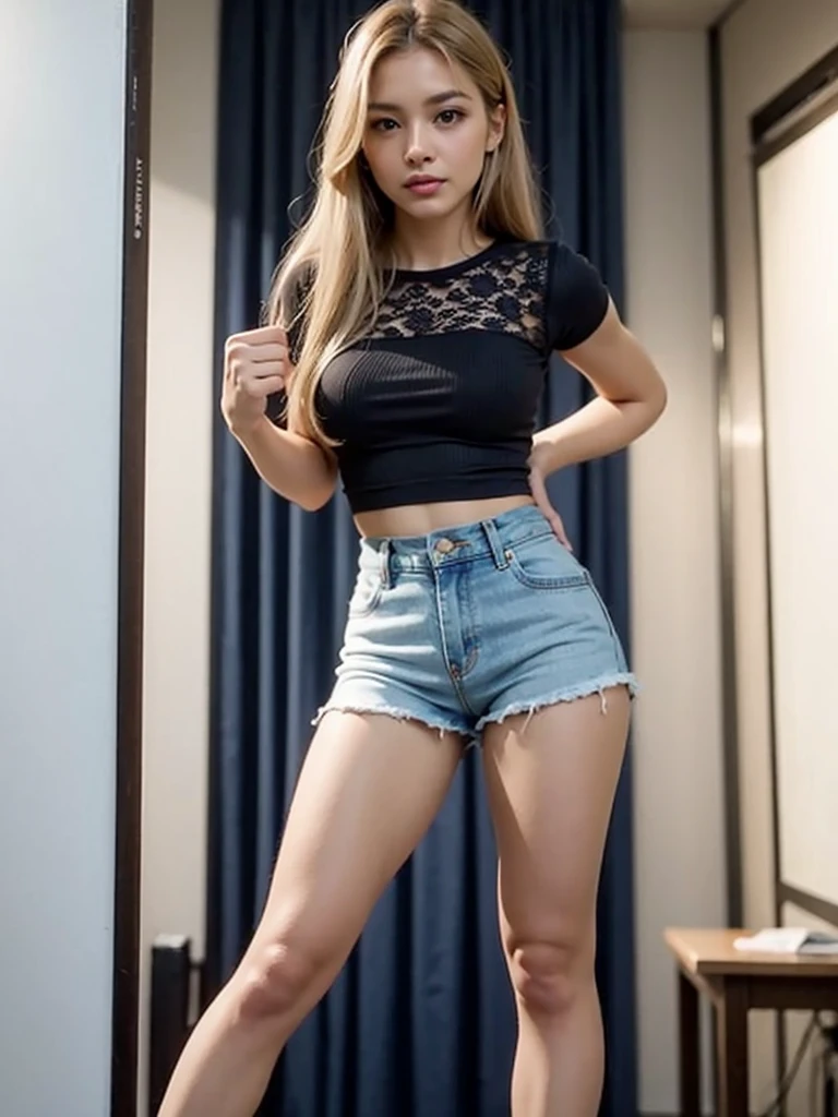 smile、((White lace T-shirt)), ((White shorts))、(The eyes are blue)、((Open Stance))、(((Standing pose with legs wide apart)))、solo、One person、Staring at the audience、((Sexy young woman's body:1.4)),
