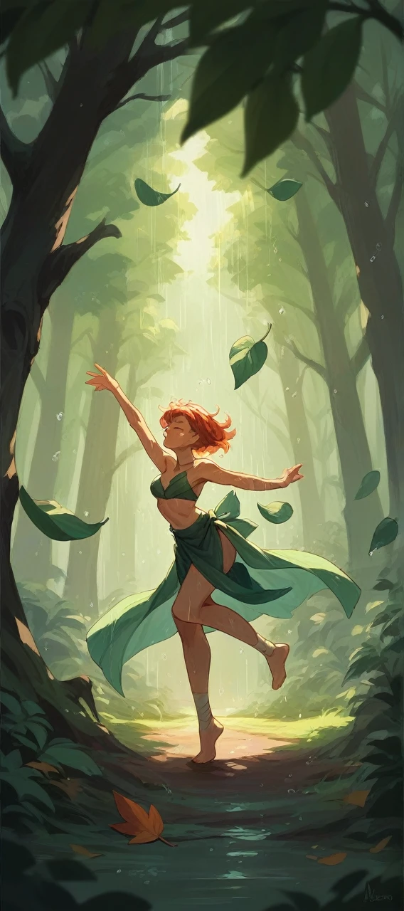 A leaves dancing in the forest rainy background
