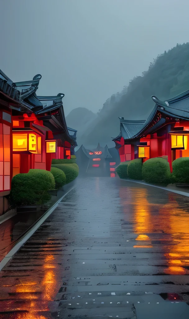 A view of the village with many lights on the buildings, Dreamy city in China, Chinese Village, Awesome Wallpapers, Japanese Street, Japanese Village, Ultra-realistic town photograph, Old Asian Village, Japanese cities, Raymond Han, Rainy night, Cyberpunk Chinese Ancient Castle, Beautifully illuminated building, Rainy Evening, beautifully、aesthetic, photograph, cinematic, 8k, Detailed ((heavy rain)))