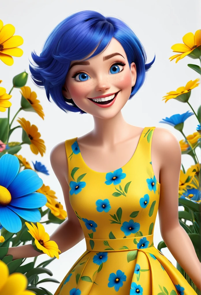 create a 3d illustration, model realisitic, exuberant, woman sofisticaded, really short hair, luxury, realisitic, vivid blue eyes, ninth time, Pixar-style, fashionable,smiling, happy face, yellow flower dress, vivid blue short cut hair, Search for the camera, White background, Photo of the center, super HD