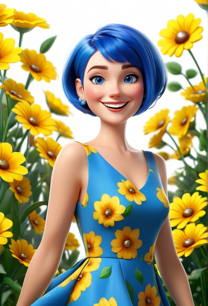 create a 3d illustration, model realisitic, exuberant, woman sofisticaded, really short hair, luxury, realisitic, vivid blue eyes, ninth time, Pixar-style, fashionable,smiling, happy face, yellow flower dress, vivid blue short cut hair, Search for the camera, White background, Photo of the center, super HD
