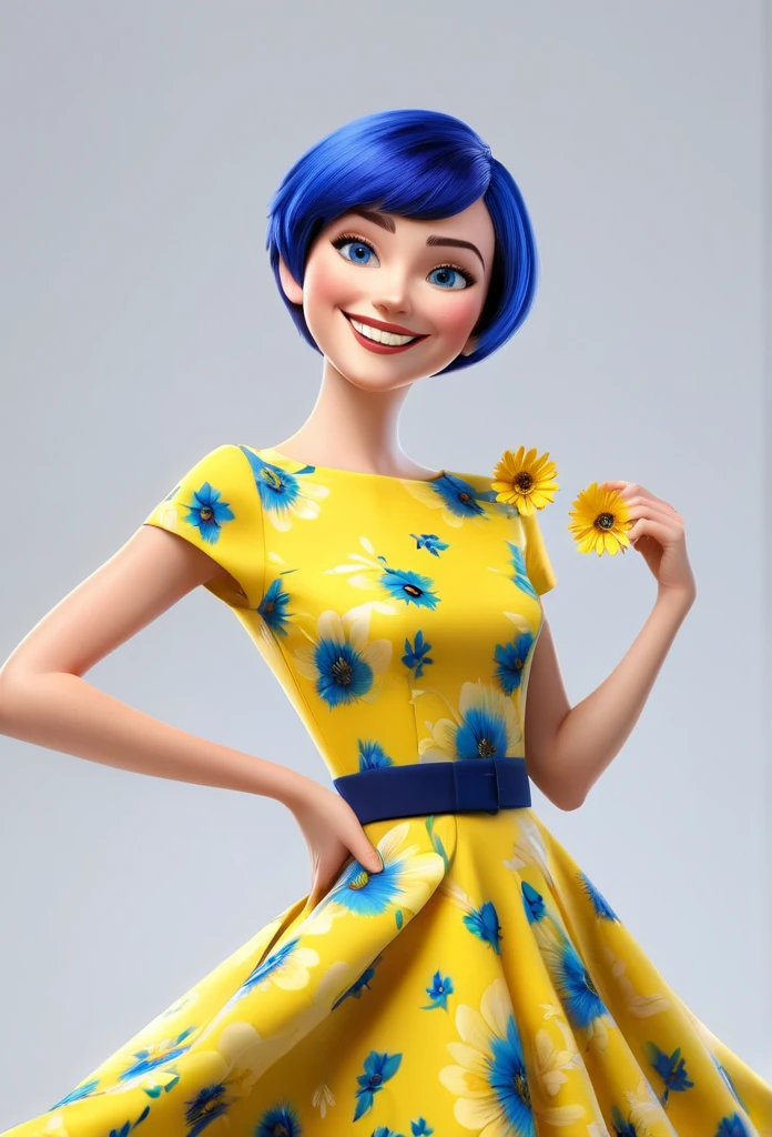 create a 3d illustration, model realisitic, exuberant, woman sofisticaded, really short hair, luxury, realisitic, vivid blue eyes, ninth time, Pixar-style, fashionable,smiling, happy face, yellow flower dress, vivid blue short cut hair, Search for the camera, White background, Photo of the center, super HD
