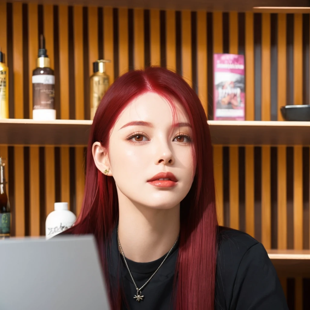 Detailed, realistic, beautiful woman, sleek straight hair, vibrant red haircolor.