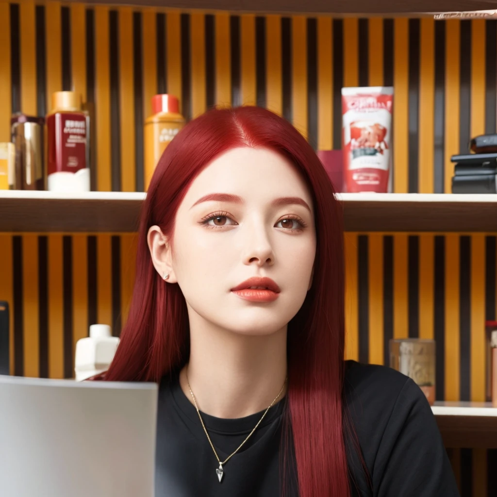 Detailed, realistic, beautiful woman, sleek straight hair, vibrant red haircolor.