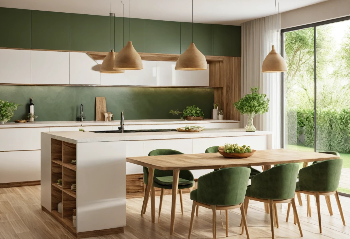 photo of Eco luxury kitchen and dinning room interior style.
Using environmentally friendly materials, optimizing natural light and greenery.
Color: Green, brown, wood color, white. UHD, 8K, super highly detailed, Ultra super HD, Ultra sharpen image