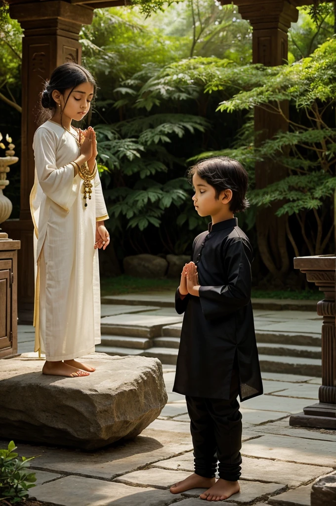 A serene image of two young children, a boy and a girl, standing barefoot in a tranquil temple setting. The boy is dressed in a simple black kurta, with his hands clasped together in a prayer pose, while the girl wears a beautifully adorned black and gold traditional outfit, also with her hands in prayer. They are positioned in front of a stone altar adorned with flowers and small oil lamps, surrounded by lush greenery and soft, diffused sunlight filtering through the trees, creating a peaceful and spiritual atmosphere. The scene captures innocence and devotion, highlighting the bond between the two children.