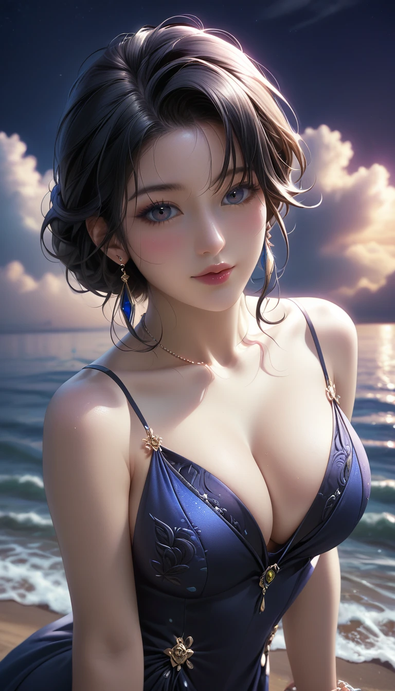 score_9, score_8_superior, score_7_superior, Masterpieces with up to 16K resolution,Highest quality,it is really amazing,Very detailed,Ultra-high resolution,Real,Realistic,Increased depth of field,Cinematic lighting,
sexy japanese milf,
Long black hair,(Ultra-detailed and beautiful faces:1.4),Translucent white skin,Very detailedな肌,
(Elegant resort dresses:1.2),
Artistic design,Beautiful and detailed pattern,Detailed fabric texture,
Gorgeous necklace,Earrings,
(A pitch black night sky with dark clouds:1.4),The coast before the storm,
delay々Continuing sandy beach,
(High angle:1.3),
