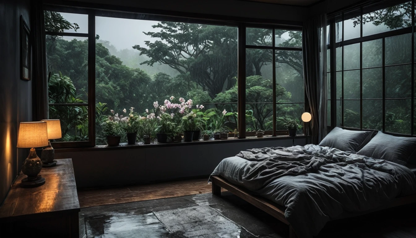 The picture shows a cozy gloomy bedroom, with a large window offering a view of a beautiful, dimly lit garden AND a garden soaked in FLOWERS, the cobblestones of the Japanese house concept. CINEMATIC, JAPANESE HOUSE, the shape of a Japanese house, and lots of flower gardens in the garden. The bed was unmade with rumpled sheets, indicating only a light sleep. the room is dark, gloomy, looks dim, gloomy. Beside the bed there is a small table with a classic lamp that radiates warm light into the room. Outside the window you can see the lush greenery of the terrace or balcony area, the rain is falling, the lamp on the left provides warm lighting, creating a calm and peaceful atmosphere. with fog obscuring part of the view in the distance. The contrast between the warmth indoors and the rain outdoors creates an inviting and calming atmosphere