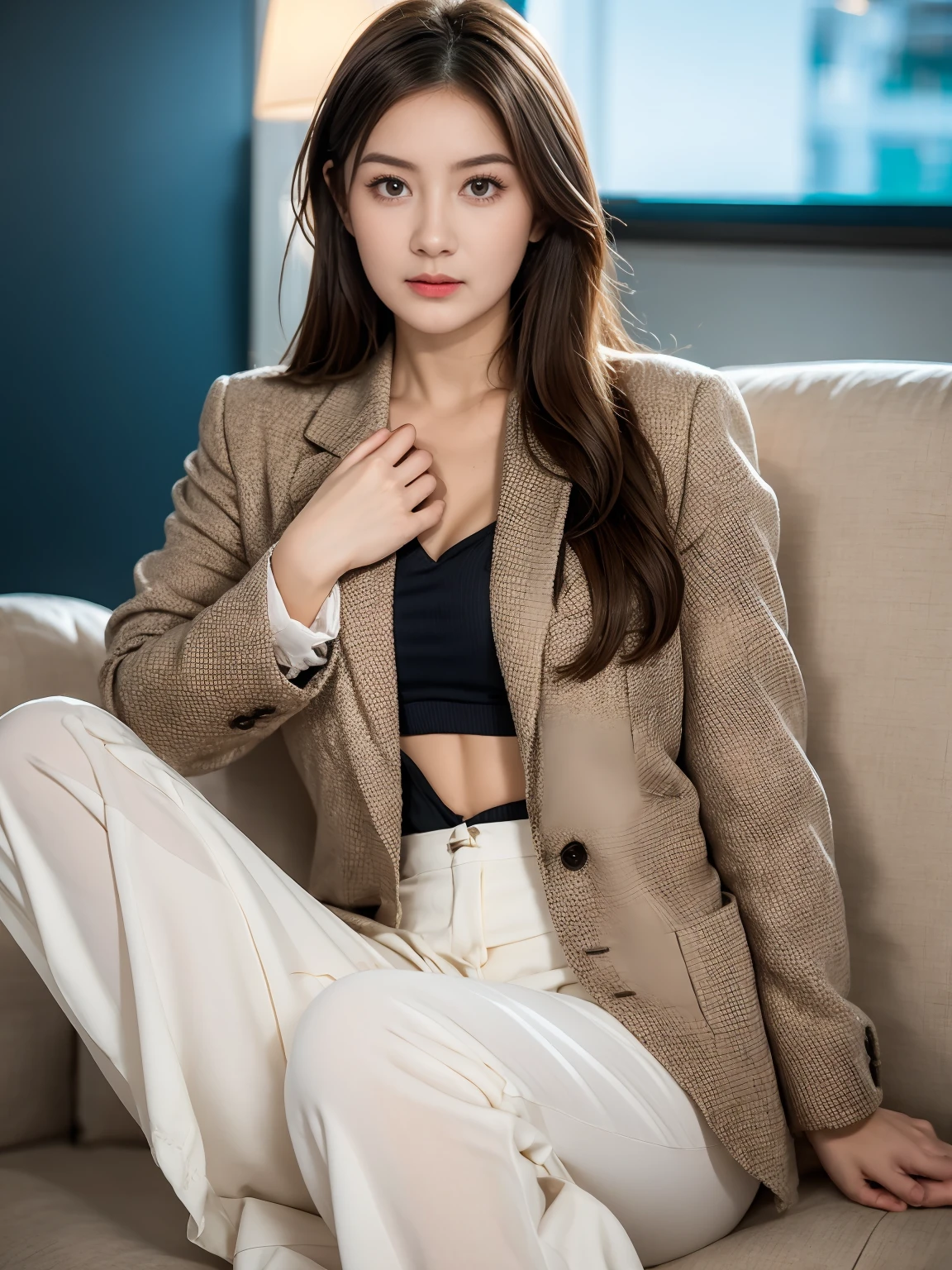 Gorgeus Girl, Beautiful, Baby Face, 17 Years Old, White Skin, Beside, Sexy Pose, business suits, Blue Eye, Muscles, Bokeh, Modern living room Background, Masterpiece, Fullbody Shot, woman trousers, blazers