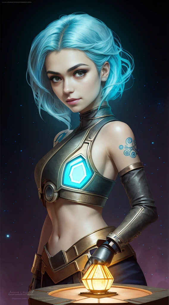 Clara Crawford, mulher bonita fotorrealista, Cabelos escuros, Head and shoulders, cobrir, pintura hiperdetalhada, Luminismo, bar lighting, Complexo, 4k resolution concept art portrait by Greg Rutkowski, Artgerm, WLOP, Alphonse Mucha, little fusion pojatti realistic steampunk, fractal isometrics details bioluminescens : um realista impressionante
