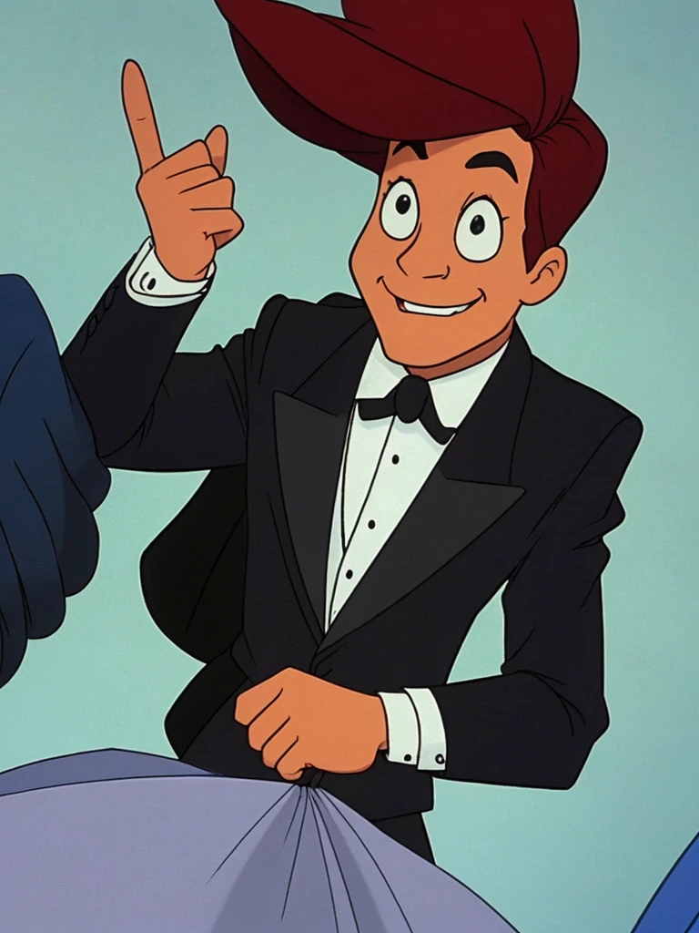 a closeup of a cartoon character wearing a black suit, from the hit 90s cartoon TV show "The Mascara". In a wedding suit pointing his thumb to the left