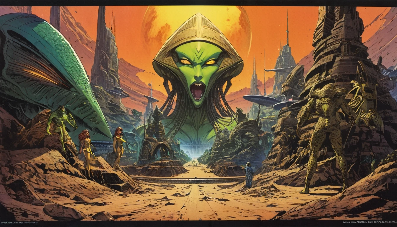 sci-fi artwork, beautiful lighting, hires scan, highly detailed illustration of a lot of 5characters from (Heavy Metal Magazine), there are five Atlantean reptilian warriors in a row with a starship in the background, female features, green skin, yellow eyes, evil, , on a complex alien planet with ancient alien structures and hieroglyphic projects, [bold|bright] colors, high quality, dynamic composition, linear, foot prints in soil, establishing shot, Nasa punk \(genre\), panoramic, (full body:0.9), (by Philippe Druillet:1.1)