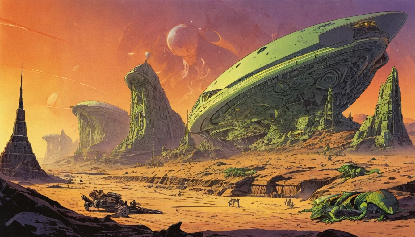sci-fi artwork, beautiful lighting, hires scan, highly detailed illustration of a lot of 5characters from (Heavy Metal Magazine), there are five Atlantean reptilian warriors in a row with a starship in the background, female features, green skin, yellow eyes, evil, , on a complex alien planet with ancient alien structures and hieroglyphic projects, [bold|bright] colors, high quality, dynamic composition, linear, foot prints in soil, establishing shot, Nasa punk \(genre\), panoramic, (full body:0.9), (by Philippe Druillet:1.1)