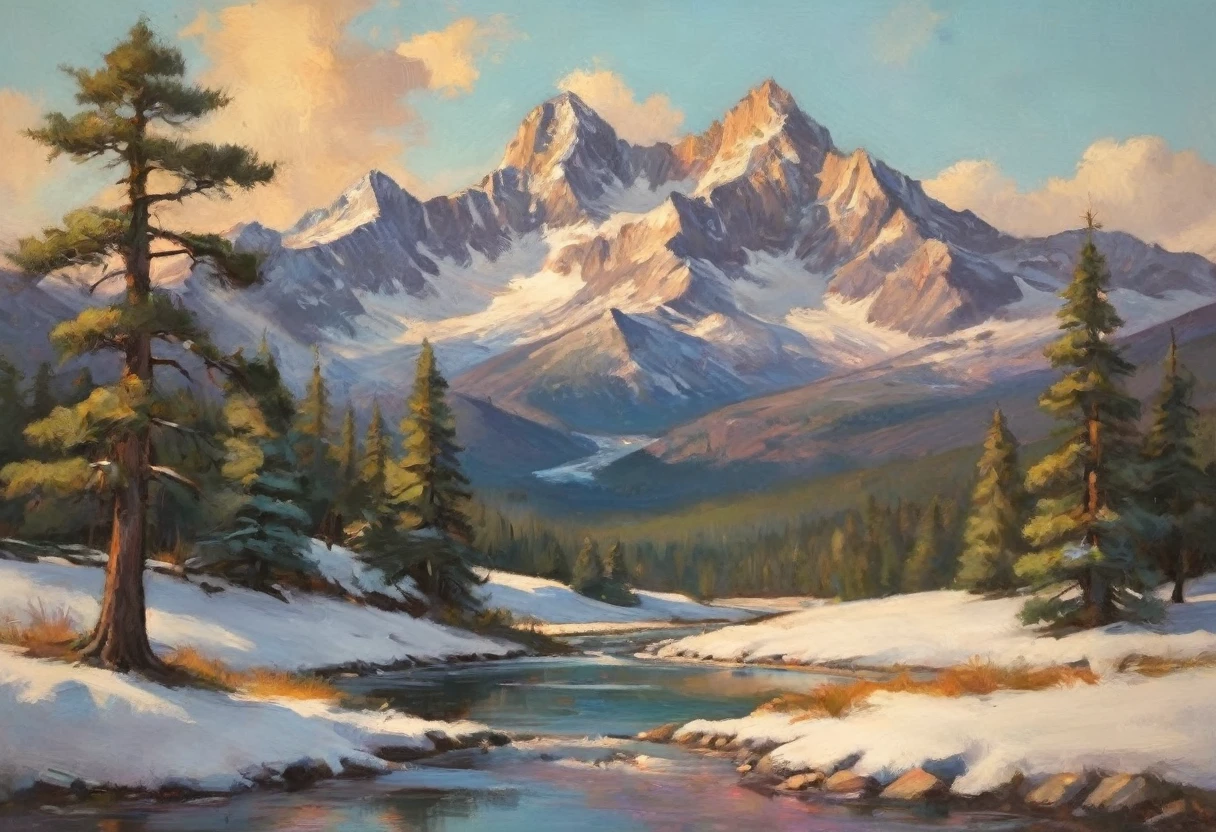 A painting of the sun and the snow mountain in the daytime with snowed pine tress, with beautiful shadows and reflections. The scene is bright and serene, with a warm and cool color contrast, highly detailed in, undefined,. Include vibrant pastel colors, sleek lines, and a retro summer atmosphere. The style should be reminiscent of vintage travel posters with a modern twist, mphasize the fluidity and movement of the dream world through dynamic brushstrokes and abstract forms