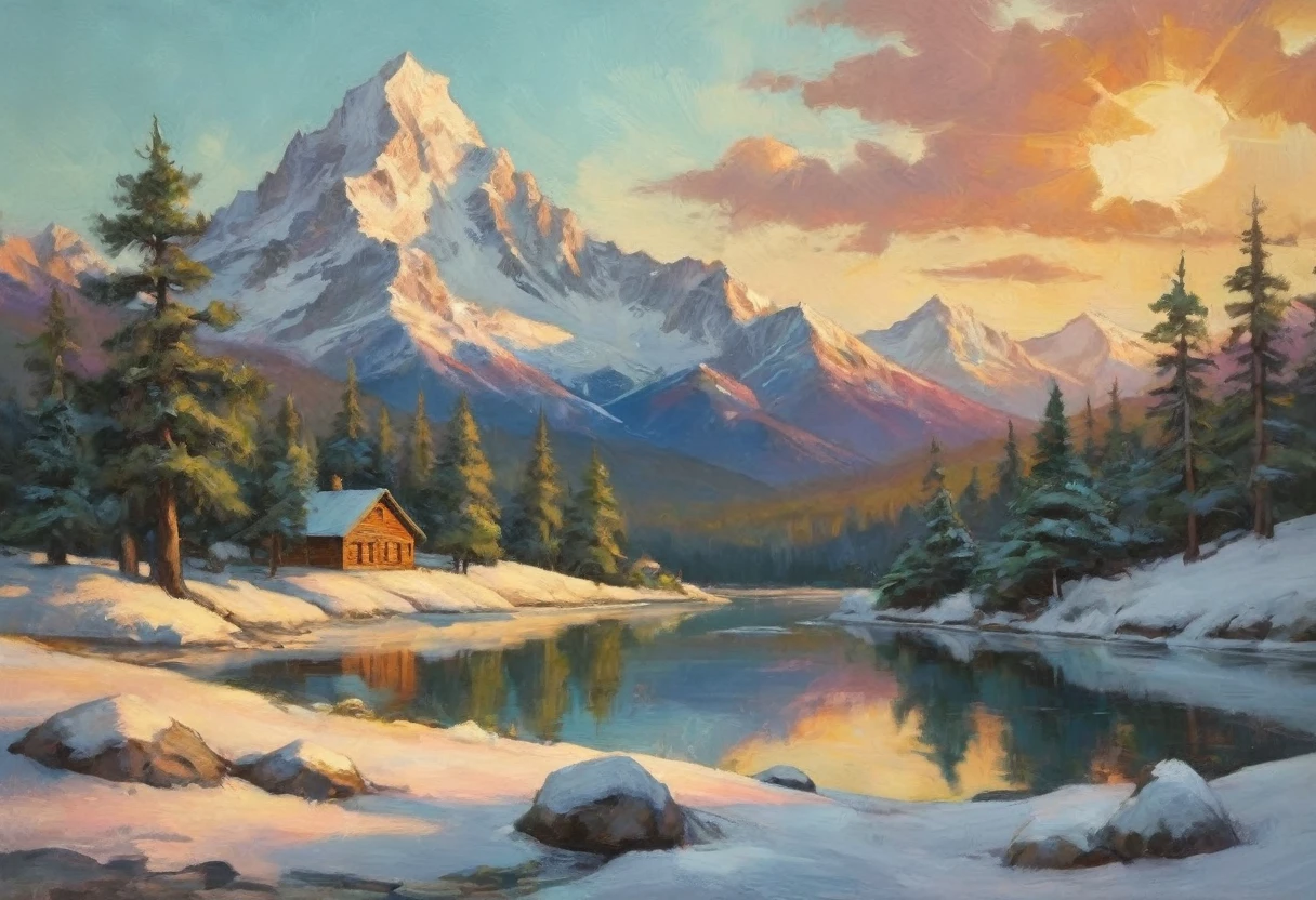 A painting of the sun and the snow mountain in the daytime with snowed pine tress, with beautiful shadows and reflections. The scene is bright and serene, with a warm and cool color contrast, highly detailed in, undefined,. Include vibrant pastel colors, sleek lines, and a retro summer atmosphere. The style should be reminiscent of vintage travel posters with a modern twist, mphasize the fluidity and movement of the dream world through dynamic brushstrokes and abstract forms
