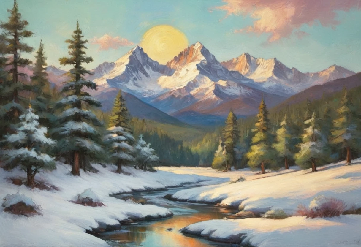 A painting of the sun and the snow mountain in the daytime with snowed pine tress, with beautiful shadows and reflections. The scene is bright and serene, with a warm and cool color contrast, highly detailed in, undefined,. Include vibrant pastel colors, sleek lines, and a retro summer atmosphere. The style should be reminiscent of vintage travel posters with a modern twist, mphasize the fluidity and movement of the dream world through dynamic brushstrokes and abstract forms