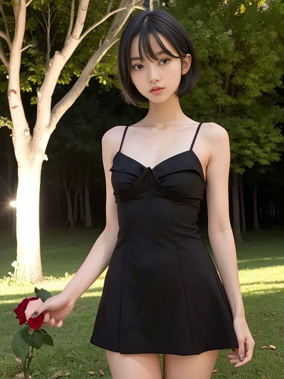 beautiful girl, Skinny body, small bust, very short hair, smooth black color, she has a short white dress, bare shoulders, two hands, Whole body, holding a red rose in her right hand, Perfect face, in a park at night, lamps illuminating , few trees, starry sky, very bright stars, look forward, sad