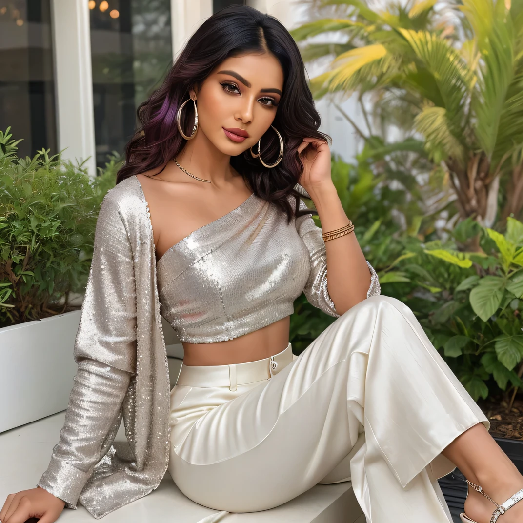 Create an ultra-realistic image of a modern, attractive female influencer of Indian descent, aged between 27 to 30. She should have a warm and inviting smile, expressive almond-shaped eyes with a slight shimmer, and clear, glowing skin with a medium brown complexion. Her features should be well-defined, with high cheekbones and a sharp jawline. Her hair should be long, thick, and wavy, with a natural shine and bounce, styled in loose waves, and colored a deep, reddish-purple hue that’s bold yet sophisticated. She should have a slender yet athletic build, reflecting a healthy and active lifestyle, with a bust size of Medium (44-46 inches) that is balanced and proportionate, offering versatility in fashion.

She is wearing an ivory satin saree paired with a silver sequin blouse, highlighting her toned figure. Her outfit is completed with stylish black heeled sandals that add elegance to her look. She accessorizes with subtle yet chic jewelry, such as small hoop earrings and a few thin bangles.

The background should be an elegant terrace garden with a view of the city skyline, suggesting a cosmopolitan lifestyle. Her overall appearance should exude confidence, approachability, and sophistication, capturing the essence of a contemporary Indian fashion influencer.