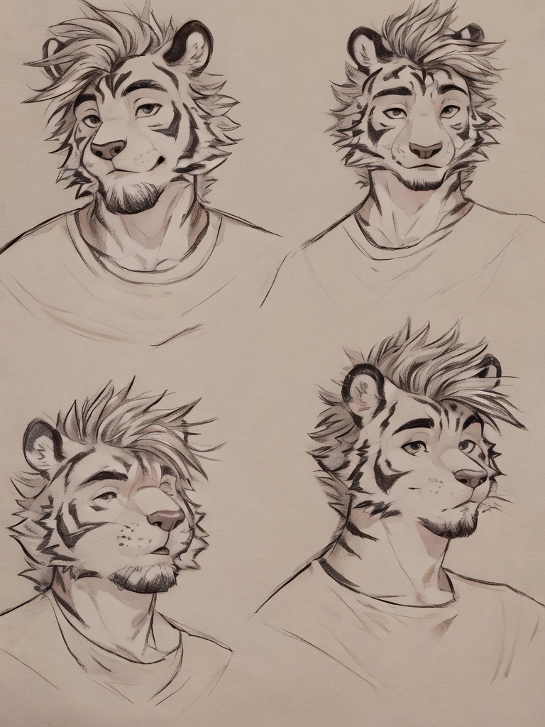(high quality, highres, anime style), male, tiger, jock, masculine jawline, hunk, seductive, closeup, short curtain hairstyle, curtain haircut, drawing, multiple headshots, lineart, six headshots, combed back top hair, looking directly at viewer, front view, head slightly tilted up, at least 3 sketches, parted hairstyle, brushed back hair, looking up, chin raised, feathered hair