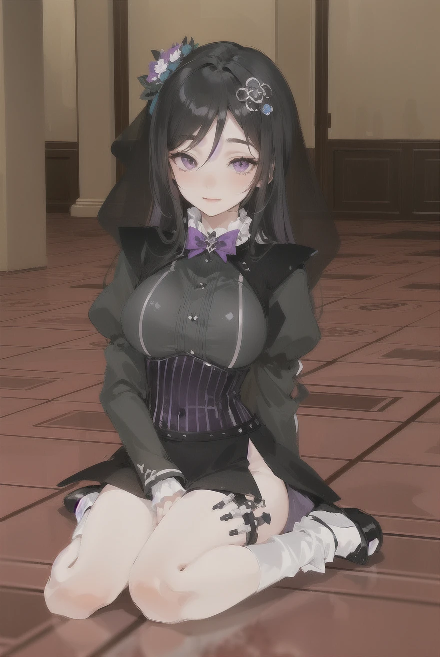1girl, Long Hair, Black Hair, Breasts, sitting, Purple Eyes, Blush, Light Smile, Half-Closed Eye, Simple background, Hair Flower, Anime Style, Masterpiece, black translucent head covering.